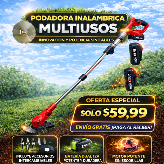 Podadora Inalámbrica Recargable | Desbrozadora Eléctrica Portátil con  2 Baterías